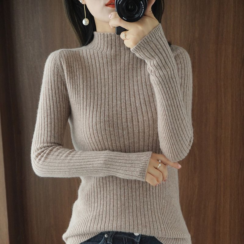 Cross-Border Autumn New Style Half Turtleneck Women's Long-Sleeved Slim Pit Lazy Style Sweater Knitwear Bottoming Shirt for Outer Wear