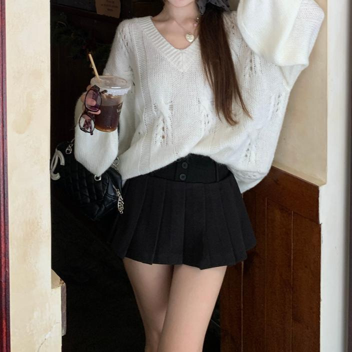 慵懒风不褪色复古韩版女镂空毛针织衫~立体感半裙套装咖色半身裙|undefined