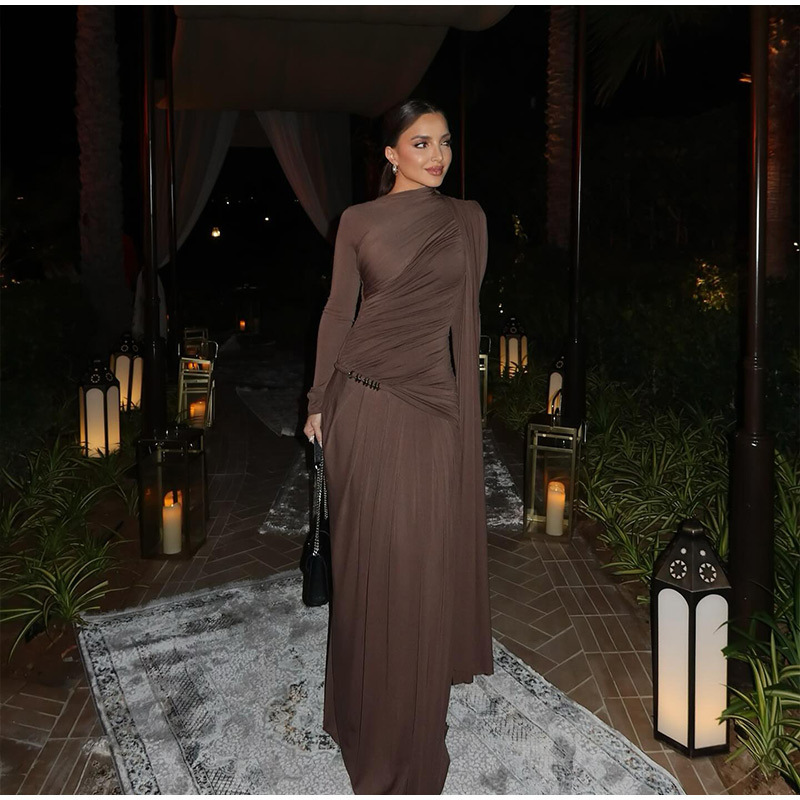 Slim Fit Ruched Long Sleeve Bodycon Midi Dress For Women - Elegant Brown, Pure Y2k Aesthetic, Stretchy Polyester Fabric For Daily Wear_ecoleips.com