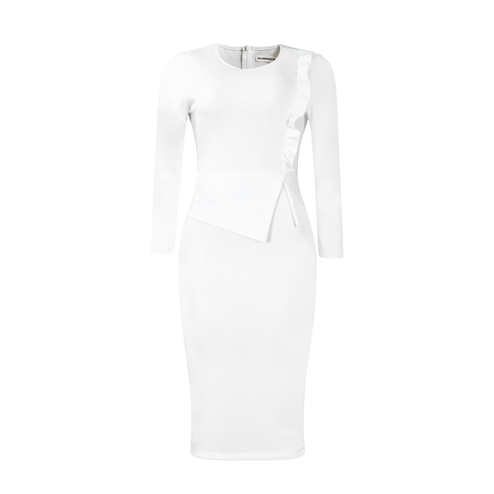 Plus Size Womens Spring Dress Ruffle Trim Solid Color Round Neck Bodycon Fit Office Wear Business Casual