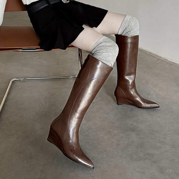 New Fashionable 6cm Wedge Leather High Boots Women's Brown Knight Boots High Heel Boots Knee-high Boots but Knee ~