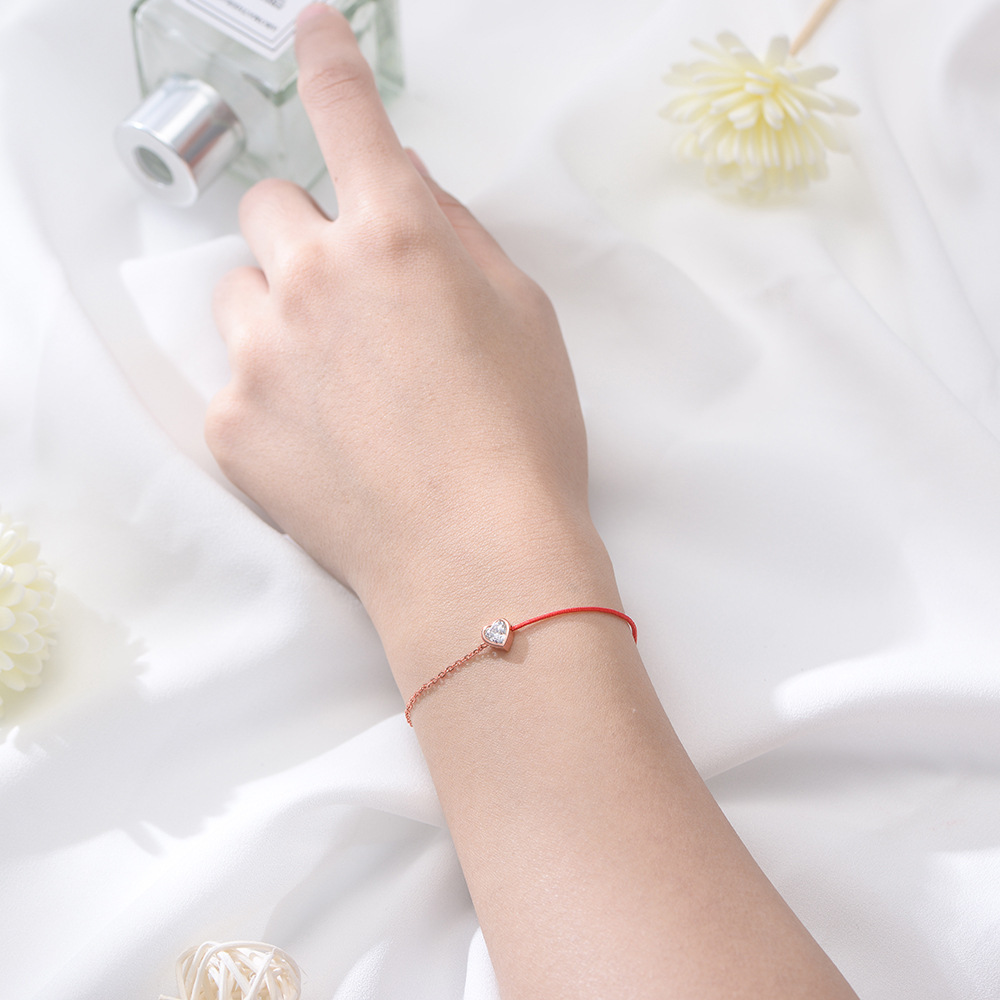 S925 plata esterlina en forma de corazón ZIRCON costura cuerda de color pulsera Mujer simple todo fósforo estilo coreano diamante incrustado suerte cuerda roja joyería