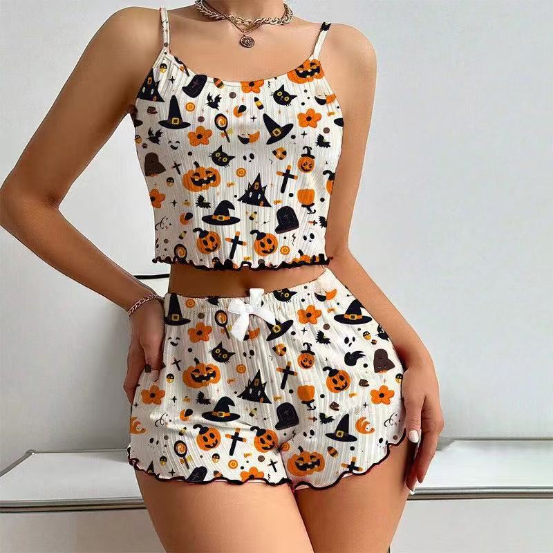 Cross-Border Sexy Suspender Pajamas Women's Suit Summer New Halloween Pattern Vest Shorts Two-Piece Suit