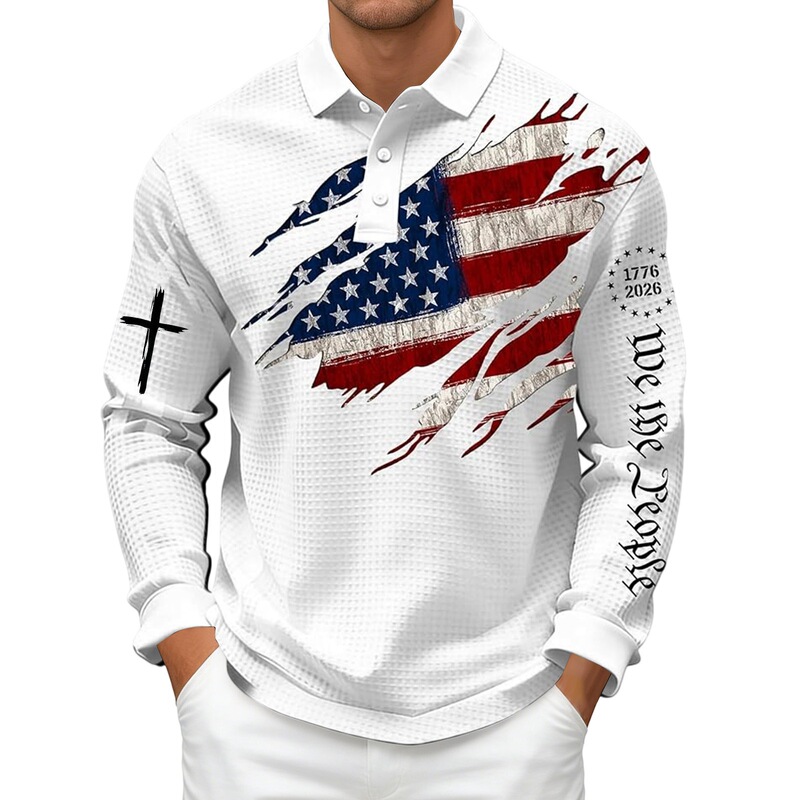 2026 Cross-Border Foreign Trade Amazon Independent Site New European and American Trendy American Flag Cross Long-Sleeved Polo Shirt