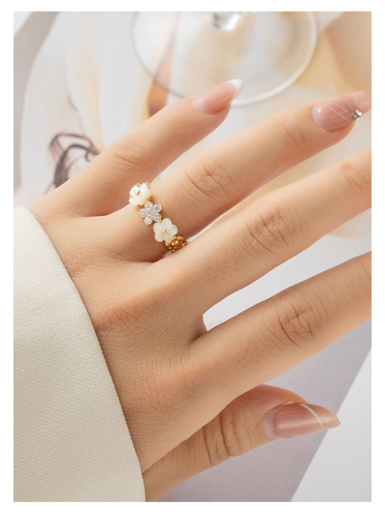 时尚轻奢高级感贝壳花朵开口戒指甜美可爱个性食指戒网