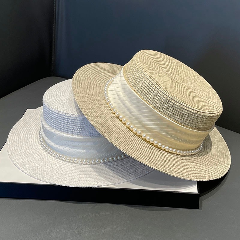 1614g Weight Fedora Hat Hats Type Casual, Holiday, Travel Occasion Straw Material Women's Simple Style Solid Color Pearl Straps Flat Eaves Fedora Hat