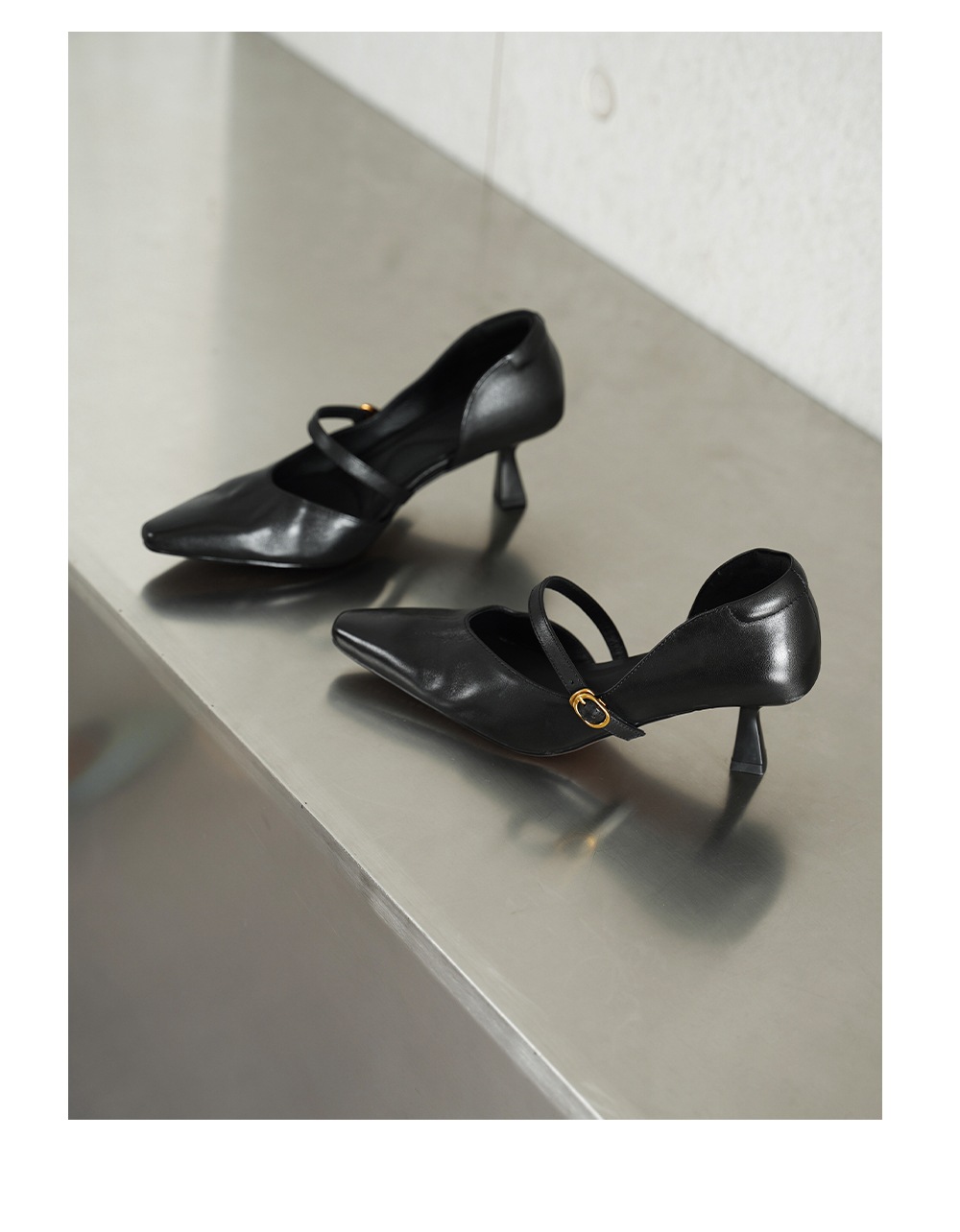 Sandal cao gót nữ quai ngang mũi nhọn da bò cổ điển gót 9 cm — đen chi tiết 16