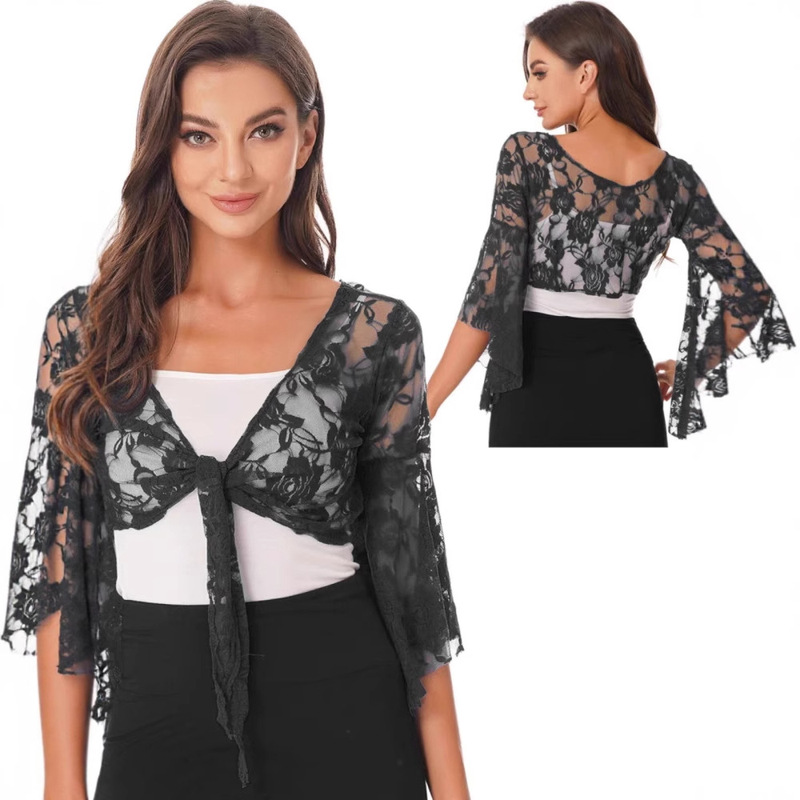 European and American New Single-Layer Lace Shirt Bridal Wedding Dress See-Through Thin Blouse with Arm-Covering Wedding Lace Shirt European and American New Single-Layer Lace Shirt Bridal Wedding Dress See-Through Thin Blouse with Arm-Covering Wedding Lace Shirt