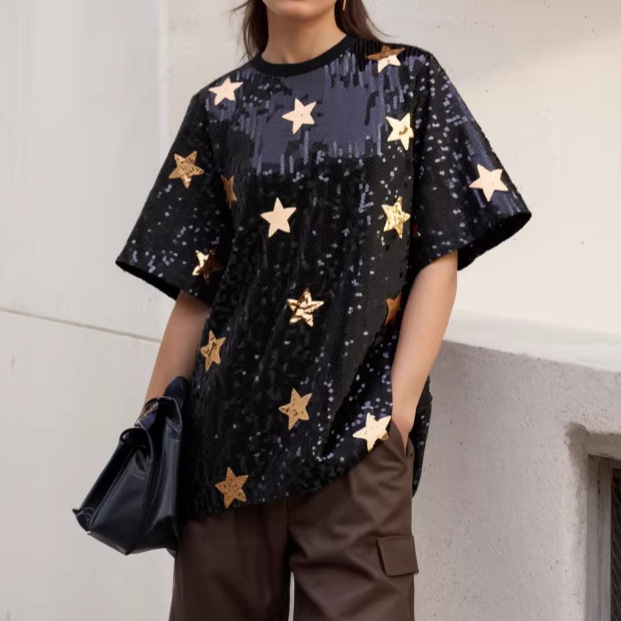Cross-Border Personalized Plus-Size Heavy Sequin T-Shirt for Women, New Summer Style with 3D Star Design, Loose and Fashionable Pullover Top