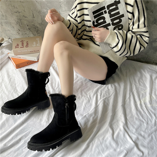 Large size thickened warm snow boots for women  winter new boots women's British style cotton shoes women's zipper plus velvet cotton boots