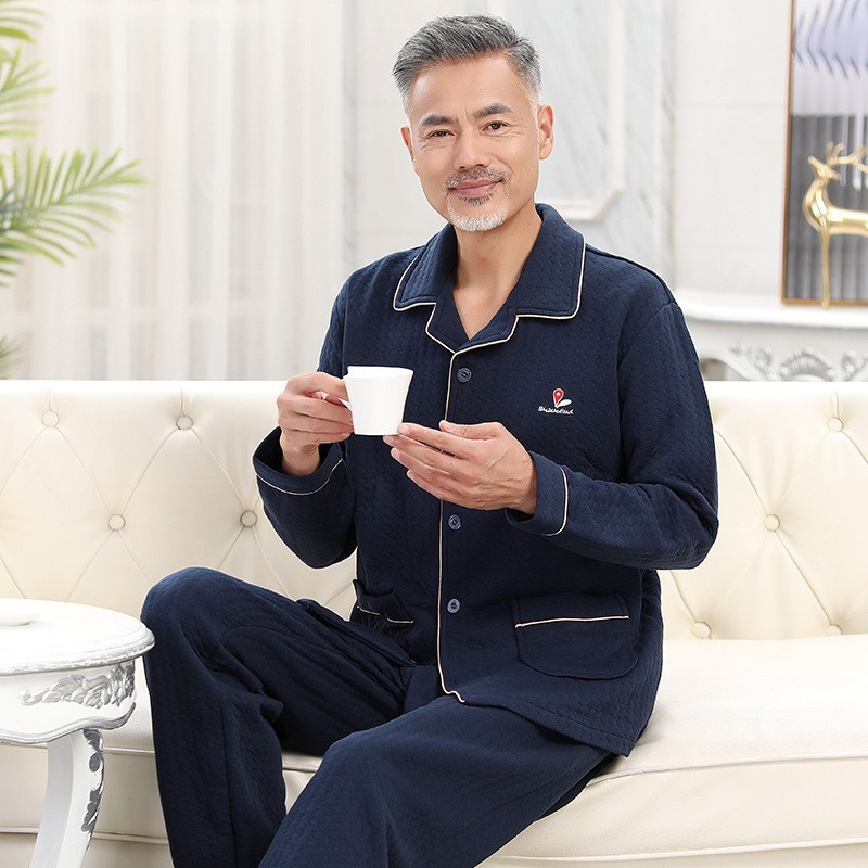 中老年睡衣男士春秋款夹层加厚纯棉长袖爸爸家居服套装可外穿|undefined