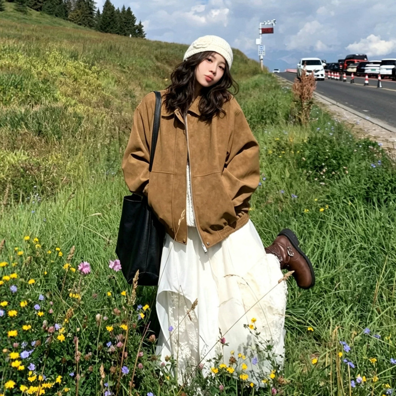 Retro Casual Suede Jacket for Women, Spring and Autumn 2026 New Style, Lazy Style, Small Size, Turn-down Collar Casual Jacket Retro Casual Suede Jacket for Women, Spring and Autumn 2026 New Style, Lazy Style, Small Size, Turn-down Collar Casual Jacket