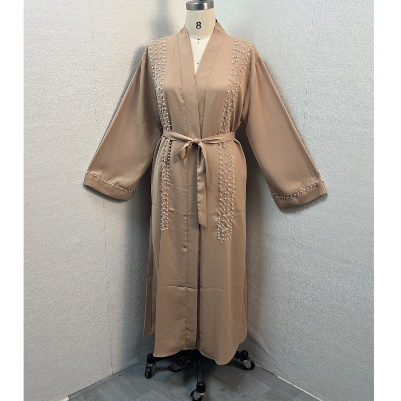 F326 Cross-Border Foreign Trade Middle Eastern Women's Long Dress, Dubai Pearl Embellished Elegant Cardigan Robe,_ecoleips.com
