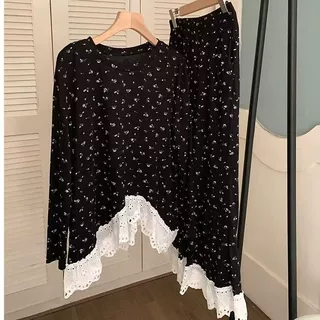 甜美少女碎花花边长袖睡衣女新款舒适可外穿长袖长裤家居服套装