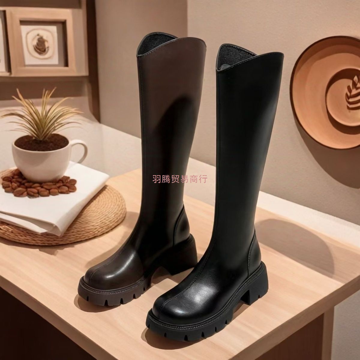 长筒靴女软皮V口2025新款厚底女靴骑士靴秋冬高跟显腿长靴子黑色