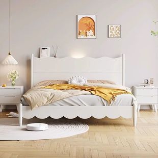 White Cream-Style Solid Wood Wave Bed Modern Minimalist./. Multi-Functional Economical Storage Bed for Rental Housing