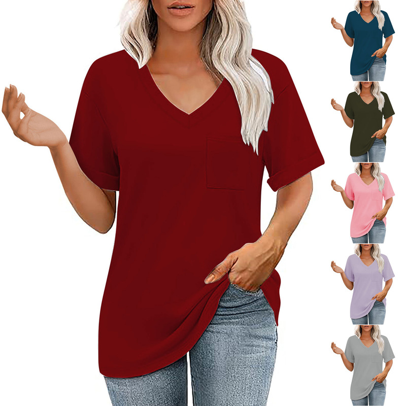2025 Foreign Trade European and American Amazon Cross-Border V-Neck Pocket Short-Sleeve Summer Loose Casual Women's T-Shirt with Patchwork Design