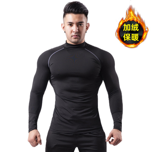 Thermal-lined men's winter elastic tight long-sleeved sports T-shirt for fitness, basketball training, running, base layer top