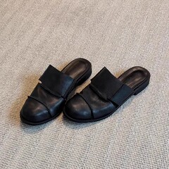 ソフトレザーバージョン!女性用ブラックトゥキャップハーフスリッパ、レトロスタイルのソフトレザーレイジースリッポンミュールシューズ、ローヒールローマンシューズ