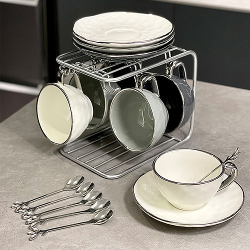 Light luxury coffee cup and saucer ceramic mug underglaze color silver rim coffee cup set exquisite high-looking mug wholesale