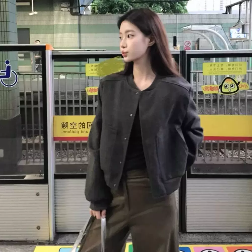 美式秋季短款复古外套灰色2024新款设计宽松休闲棒球夹克上衣女装