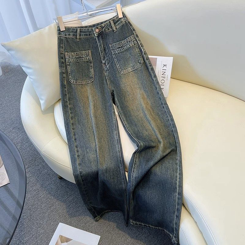 Retro cement grey blue wide-leg pants plus velvet jeans for women 2025 autumn and winter new loose large pocket straight pants