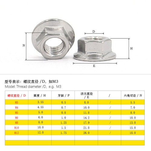 304/316 stainless steel external hexagonal flange nut DIN6923 toothed anti-slip nut M3M4M5M6M8-M12