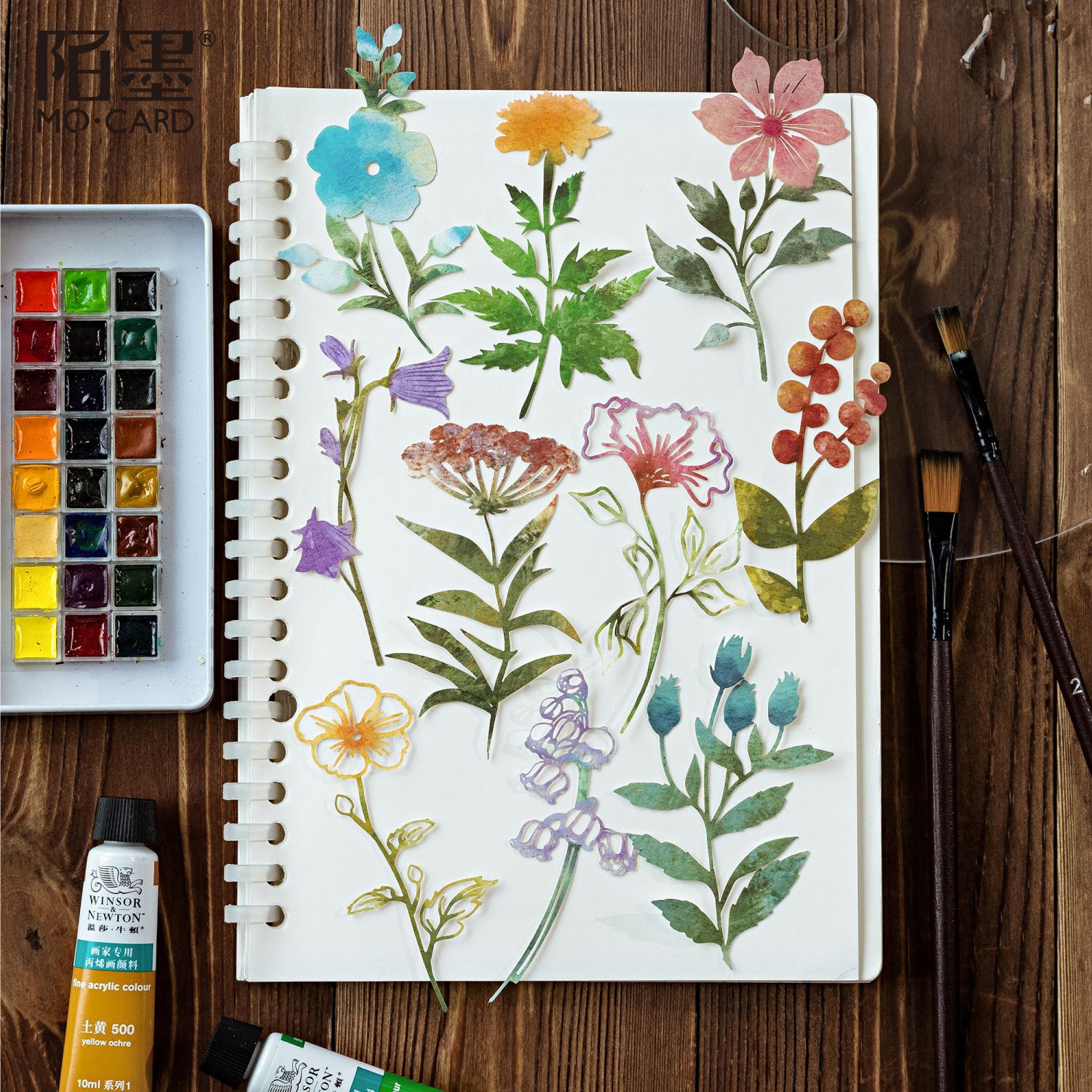 Bolso de material Mo Mo, temporada de flores, papel de tierra, planta de acuarela retro hueca, tienda de estudiante, decoración de bricolaje