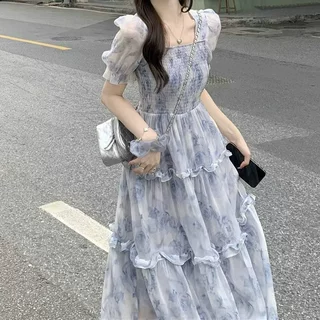 温柔风茶歇法式桔梗长裙2026夏季气质仙女超仙收腰方领碎花连衣裙