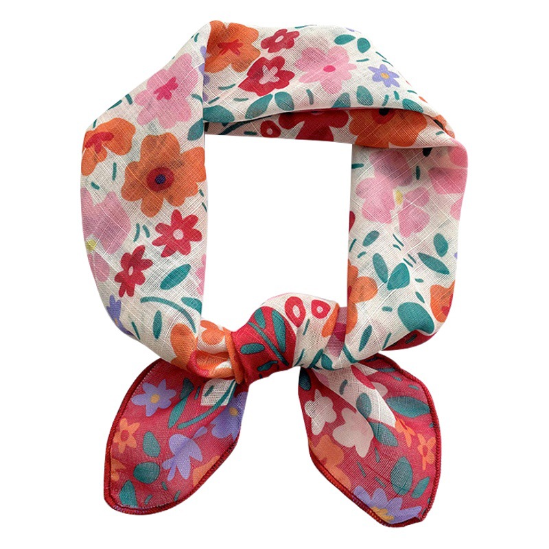58 algodón y lino pequeña bufanda cuadrada estilo coreano de las mujeres fresco floral artístico elegante todo-fósforo decorativo pequeña bufanda banda de pelo bufanda