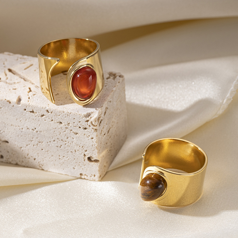 Tina 18K oro tigre ojo titanio anillo de acero mujer no desvanecer piedra natural ágata anillos de acero inoxidable bandera joyería