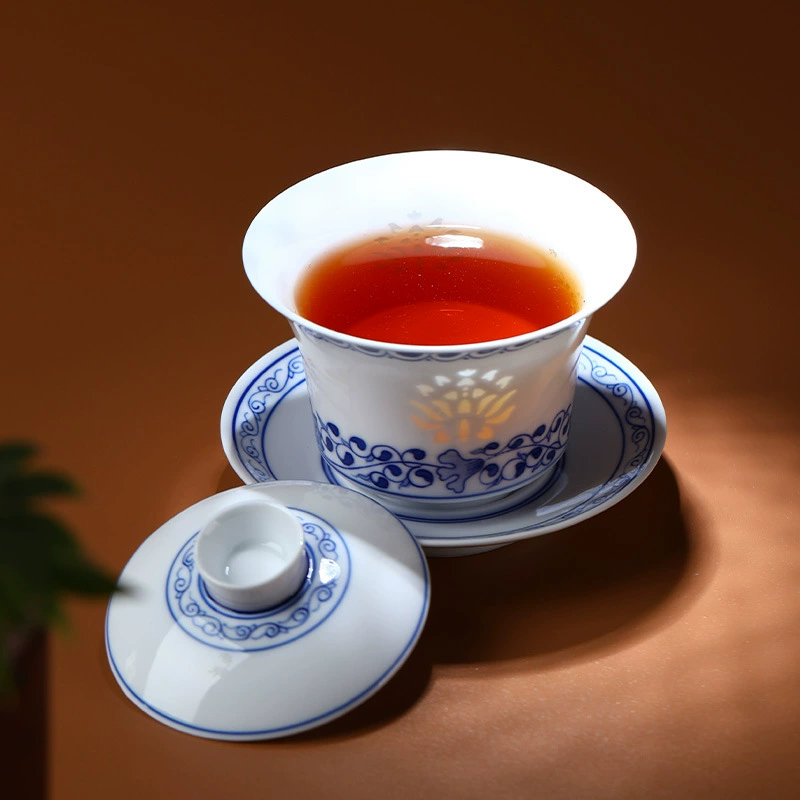 Синий-белый чайный сервиз Linglong, цзиндэчжэнь, ручная роспись, лотос и рыбы, чашка с крышкой, набор с миской, подарочная коробка
