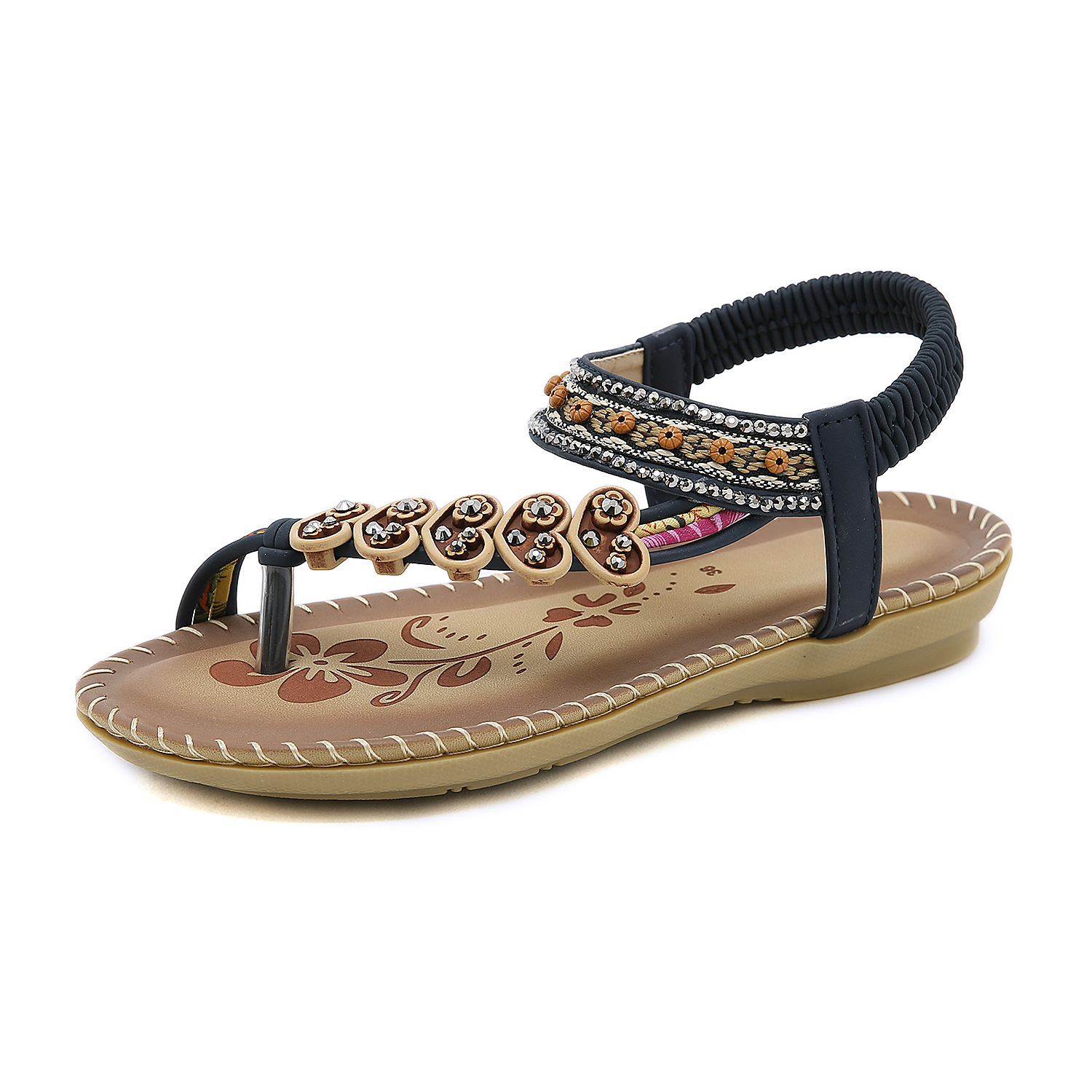 Comercio exterior transfronterizo 2023 verano rhinestone estilo bohemio sandalias de las mujeres étnicas más el tamaño del dedo del pie Sandalias planas mujeres