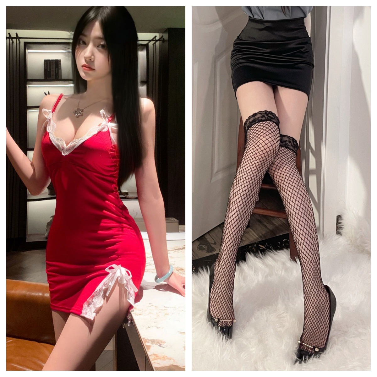 버건디 + 블랙 망사 스타킹