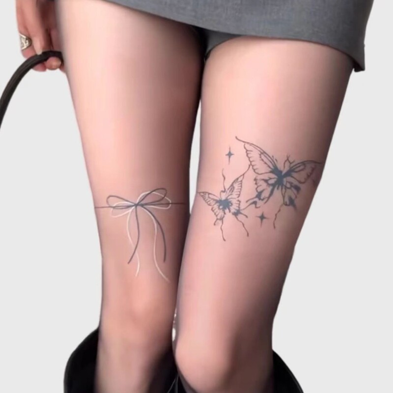 Sweet and Spicy Style Tattoo Silk Stockings Pure Butterfly Spring and Autumn Women's Anti-hook Silk Stockings Spring Butterfly Black Silk Pantyhose