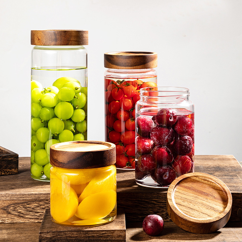 Xiangsi Wood Glass Storage Jar for Kitchen: Sealed Container for Citrus Peel & Whole Grains—Food-Grade Glass Bottle, Perfect for Household Storage
