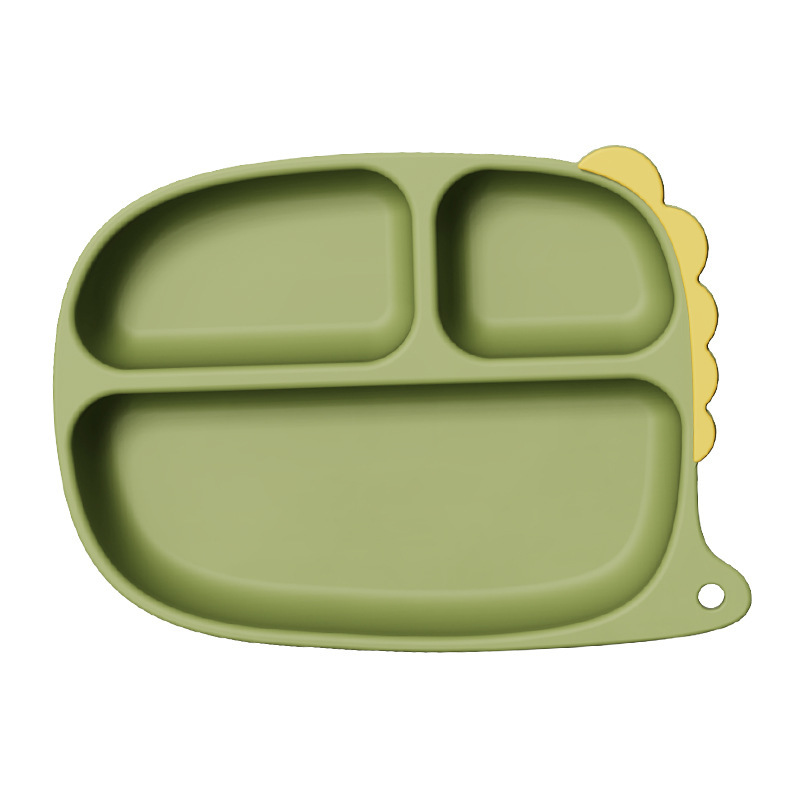 Cuchara de bebé de venta caliente transfronteriza, vajilla para bebés y niños, cuchara de alimentos, tazón de alimentos, juego de vajilla de silicona de dinosaurio de dibujos animados