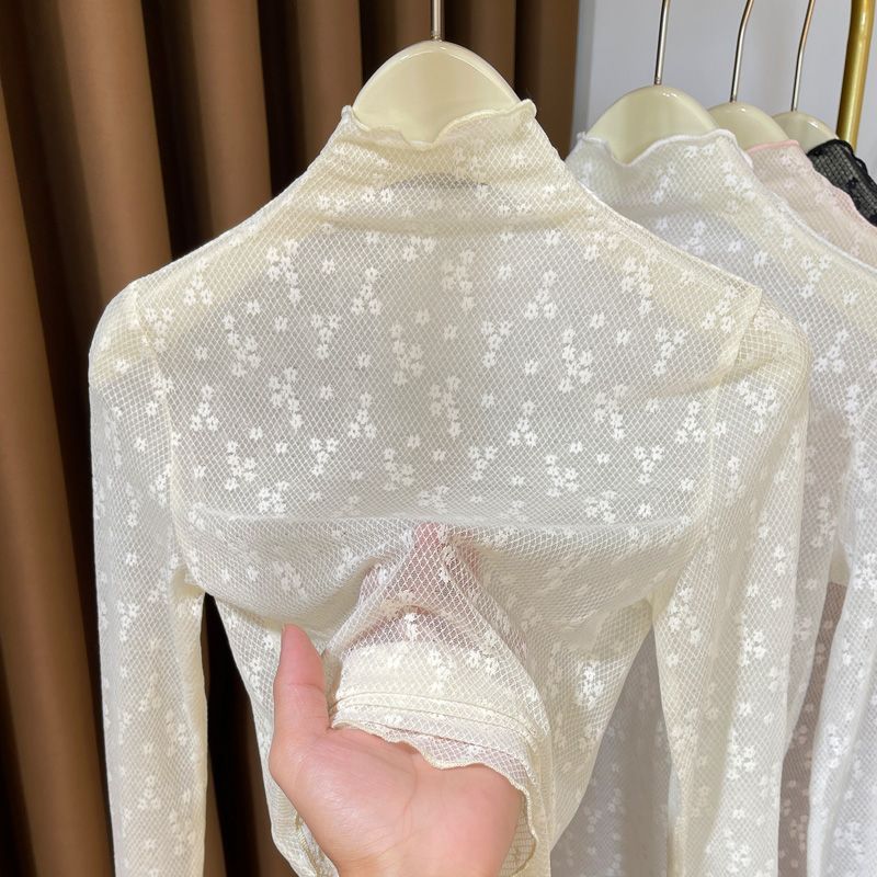 春秋木耳边高领蕾丝打底衫女高级感网纱毛衣叠穿内搭小衫镂空薄纱|undefined