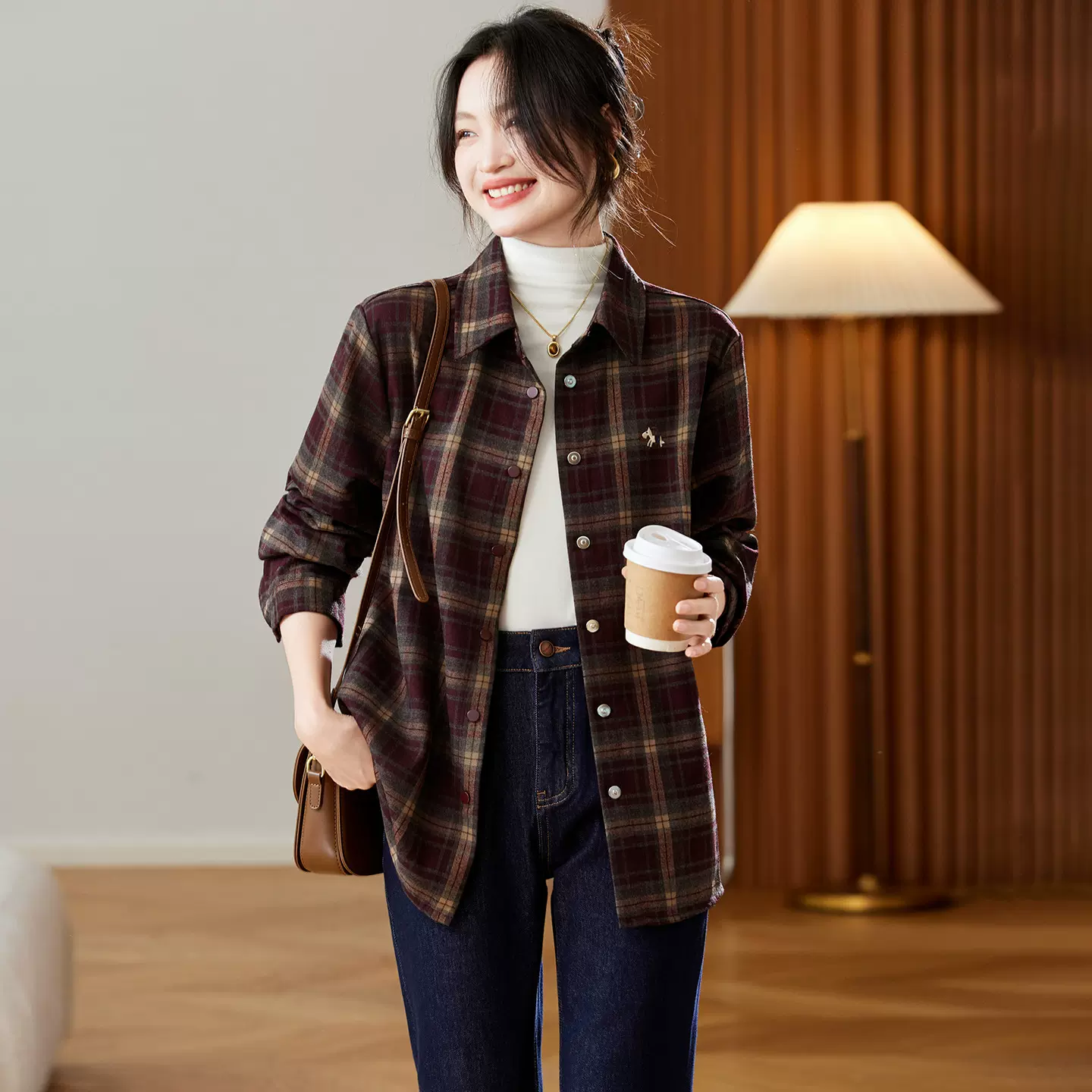 棉茧 爆款磨毛格子衬衫女2025秋冬新款复古港风加厚保暖宽松外套