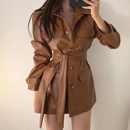 韩版chic小众百搭收腰显瘦中长款帅气机车皮衣外套女秋冬长袖上衣|undefined