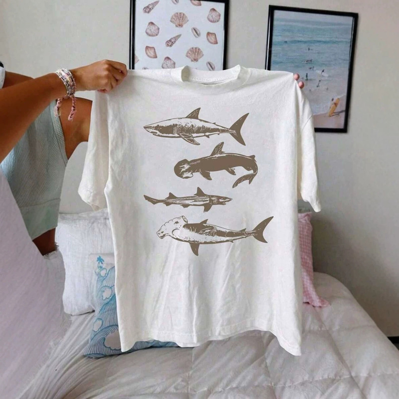 2026 Cross-Border European and American Summer Hot-Selling Retro Shark Print T-Shirt, Loose Casual Versatile Round-Neck Short-Sleeve Top