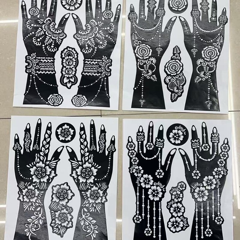Henna Godna Hand-Painted Black Cut Out Template Arm Nail Flower Pvc Sticker Reusable