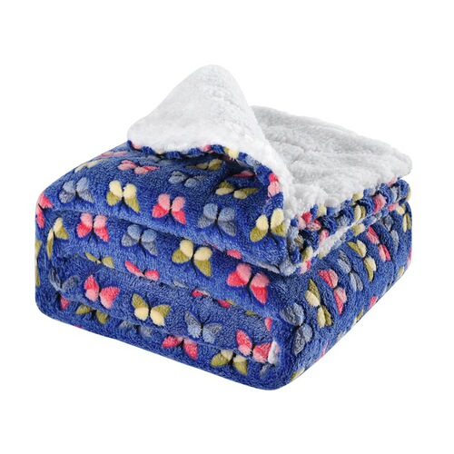 Wish Autumn and Winter Double Layer Thick Plush Coral Fleece Blanket with Double Fleece French Terry Butterfly Print Lambskin Cover Blanket