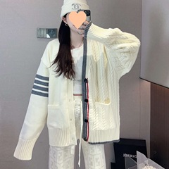 2025新款麻花针织开衫慵懒风外套春秋冬百搭V领宽松撞色长袖毛衣
