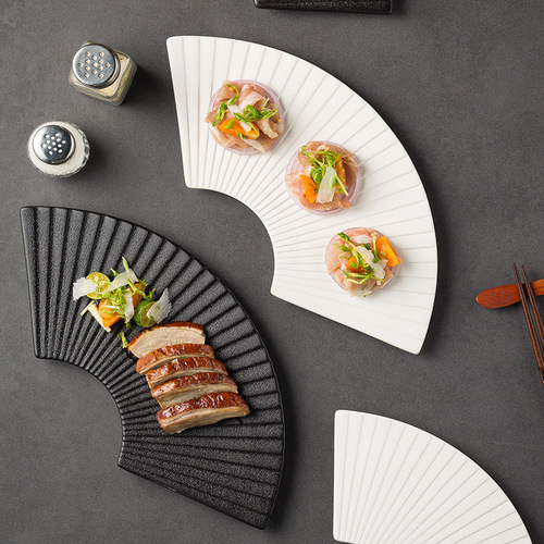 Fan-shaped striped plate, special-shaped plate, Japanese-style sushi plate, ceramic dessert plate, home creative platter, commercial hotel table setting