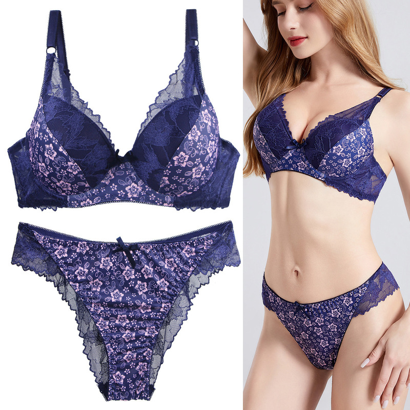 European and American Sexy Bra and Panty Set for Women, Lace Print Color-Blocking Lingerie, Plus-Size Lingerie Set, Factory Hot Item