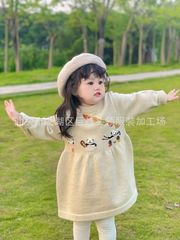 Children's Knitted Dress with Embroidered Colorful Flag and 3D Bear Stand-up Collar Base Dress for Autumn/Winter New Collection, Three Colors, New Year Outfit