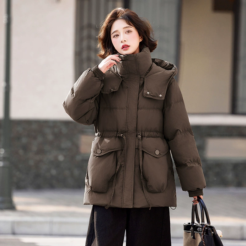 Long down jacket, mid‑length oversize with hood and drawstring waist