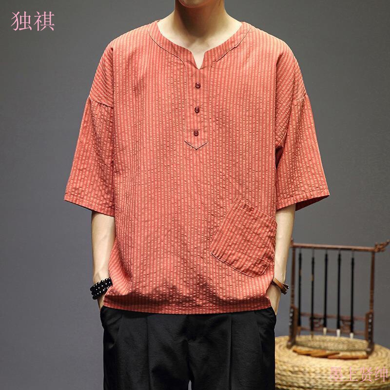 Linen Short-sleeved T-shirt Men's 202 New Summer Thin Pocket Stitching Cotton and Linen Clothes Chinese Style Men's T-shirt
