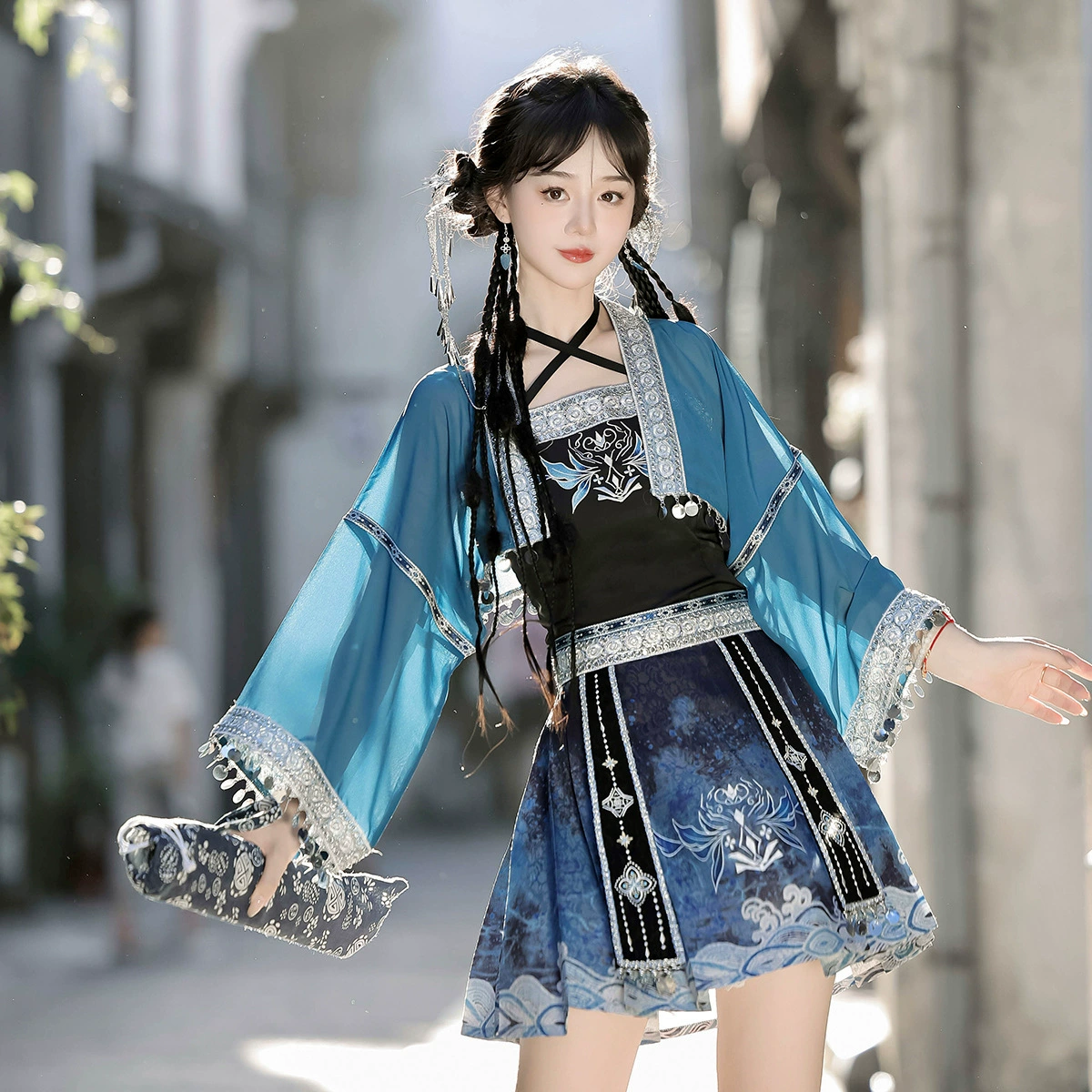 Yimengge оригинальный дизайн Серебряный колокольчик Hanfu женский китайский стиль улучшенный китайский элемент топы подтяжка полуюбка набор 9262